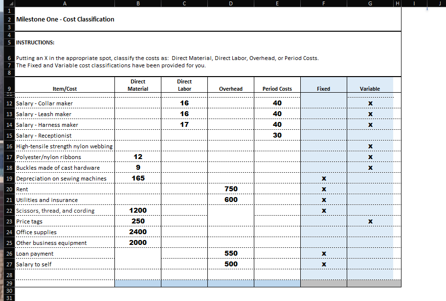 Using: A B D G H Milestone One - Cost