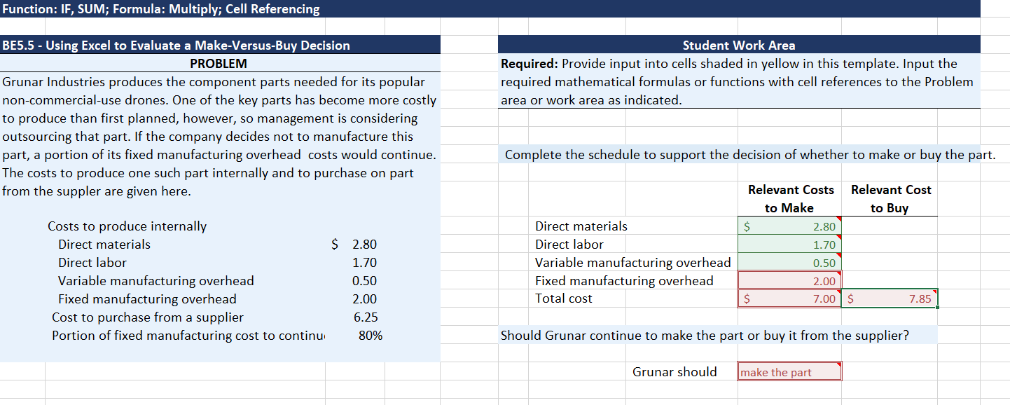 Function: IF, SUM; Formula: Multiply; Cell