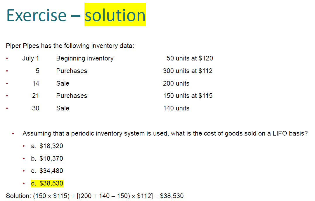 Exercise solution Piper Pipes has the following