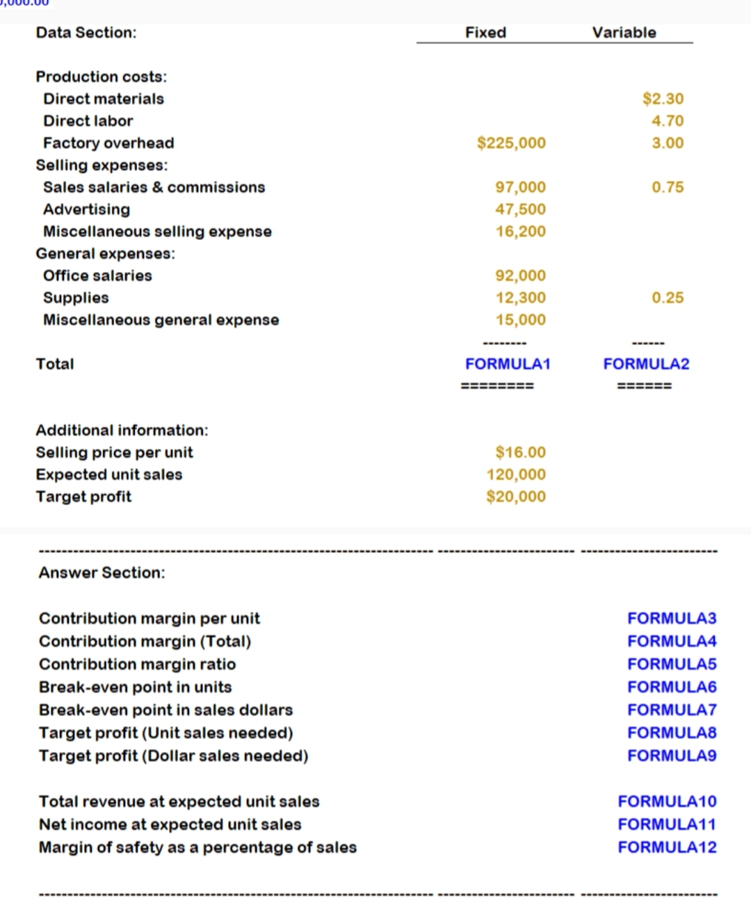 Luuu,uu Data Section: Fixed Variable Production