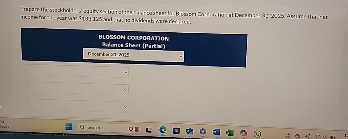 Prepare the stockholders' equity section of the