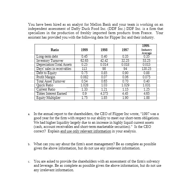 You have been hired as an analyst for Mellon Bank