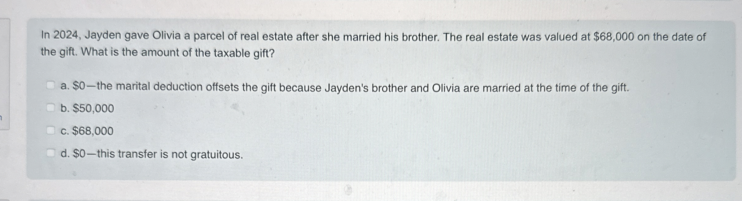 In 2 0 2 4 , Jayden gave Olivia a parcel of real