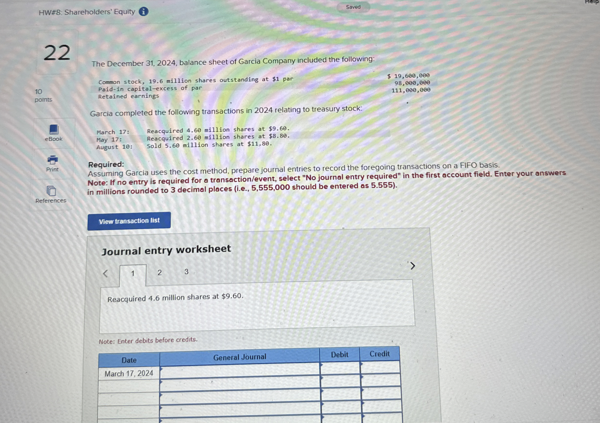 HW# 8 : Shareholders' Equity Saved 2 2 1 0 polnts