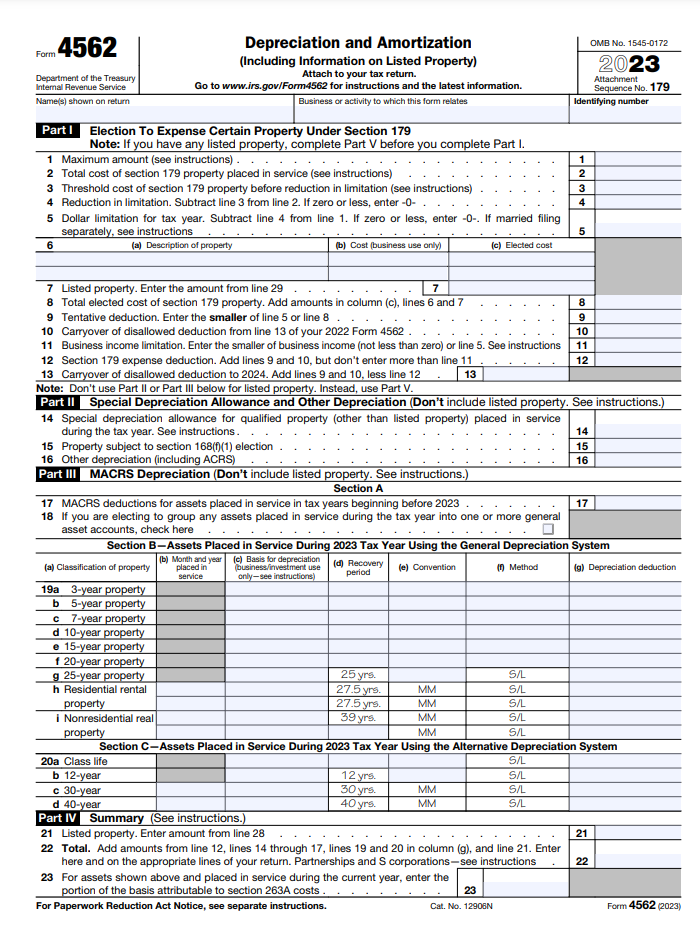 e. Complete Part | of Form 4562 for part (b) (use