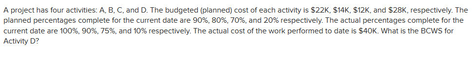 A project has four activities: A, B, C, and D.