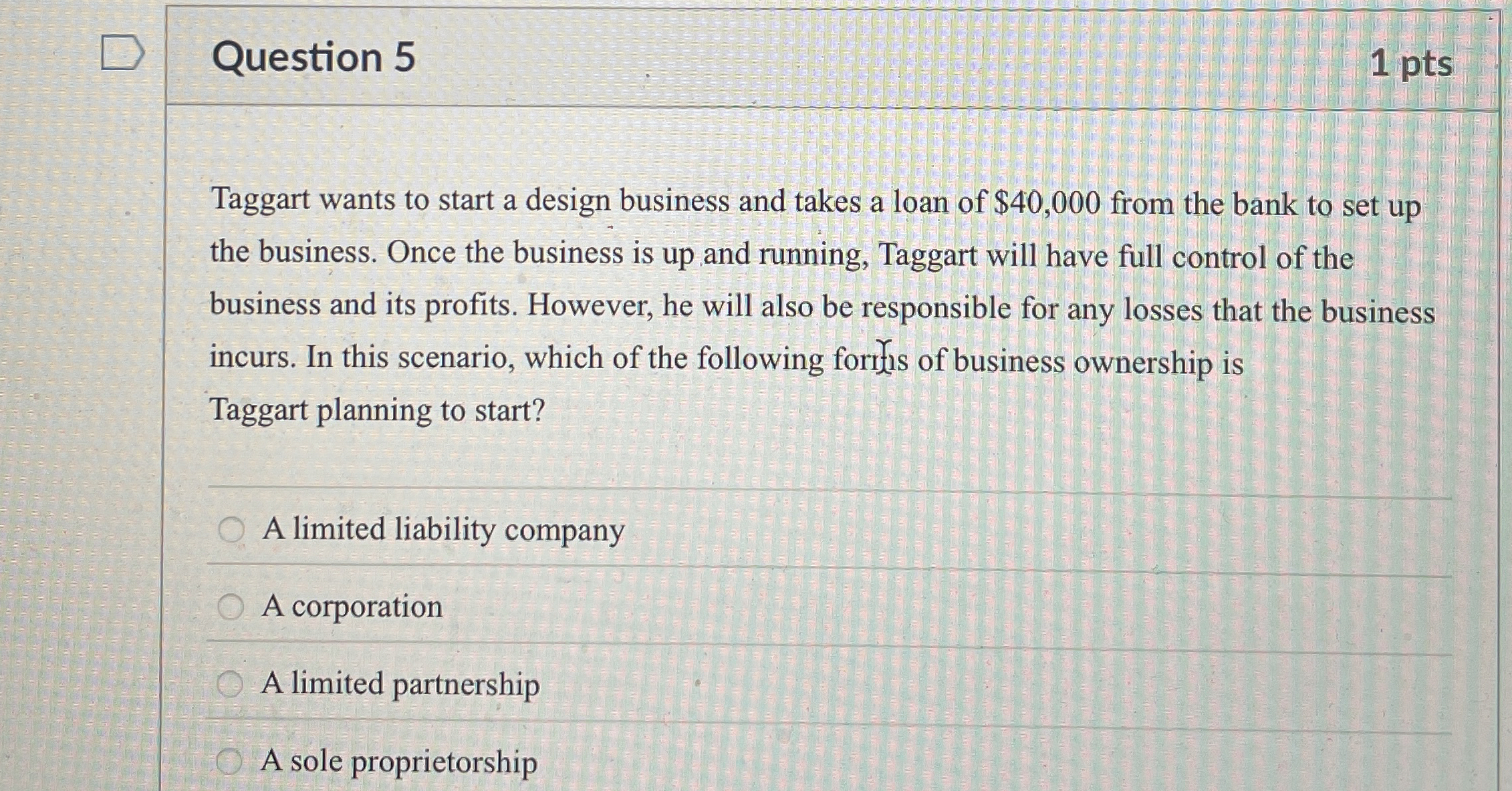Question 5 1 pts Taggart wants to start a design