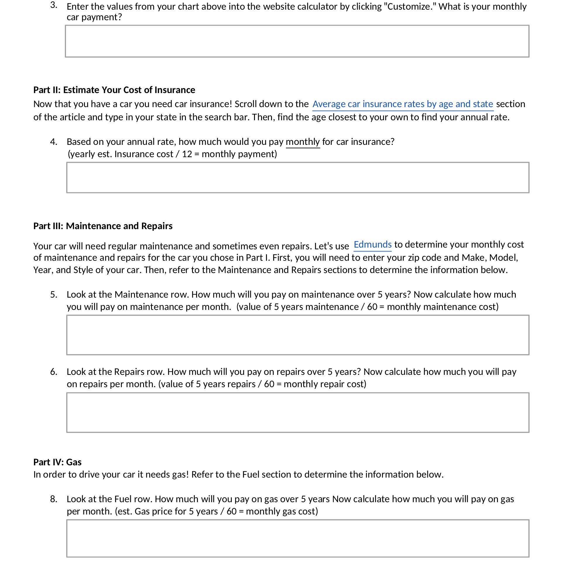 3- Enter the values from your chart above into
