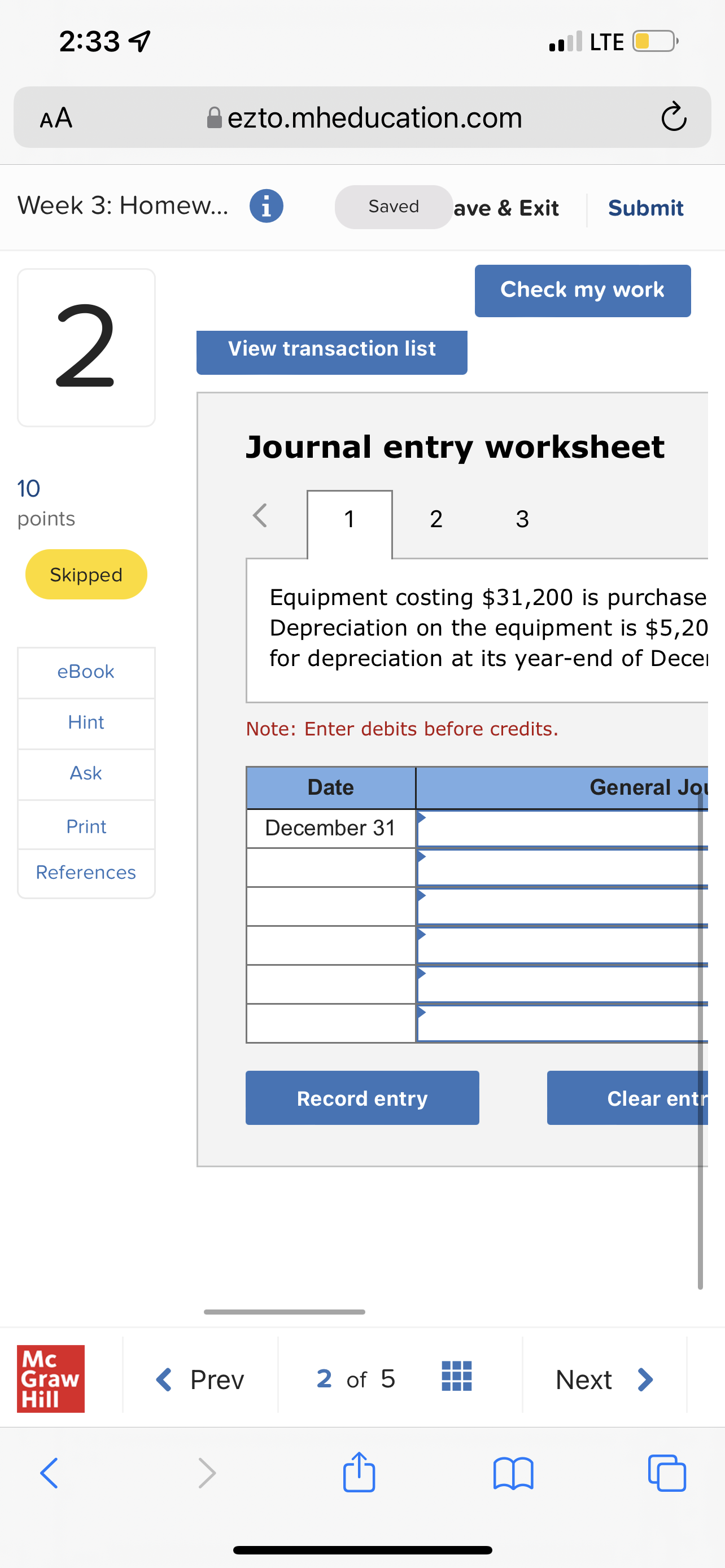 2:33 9 . LTE OD AA ezto.mheducation.com C Week 3: