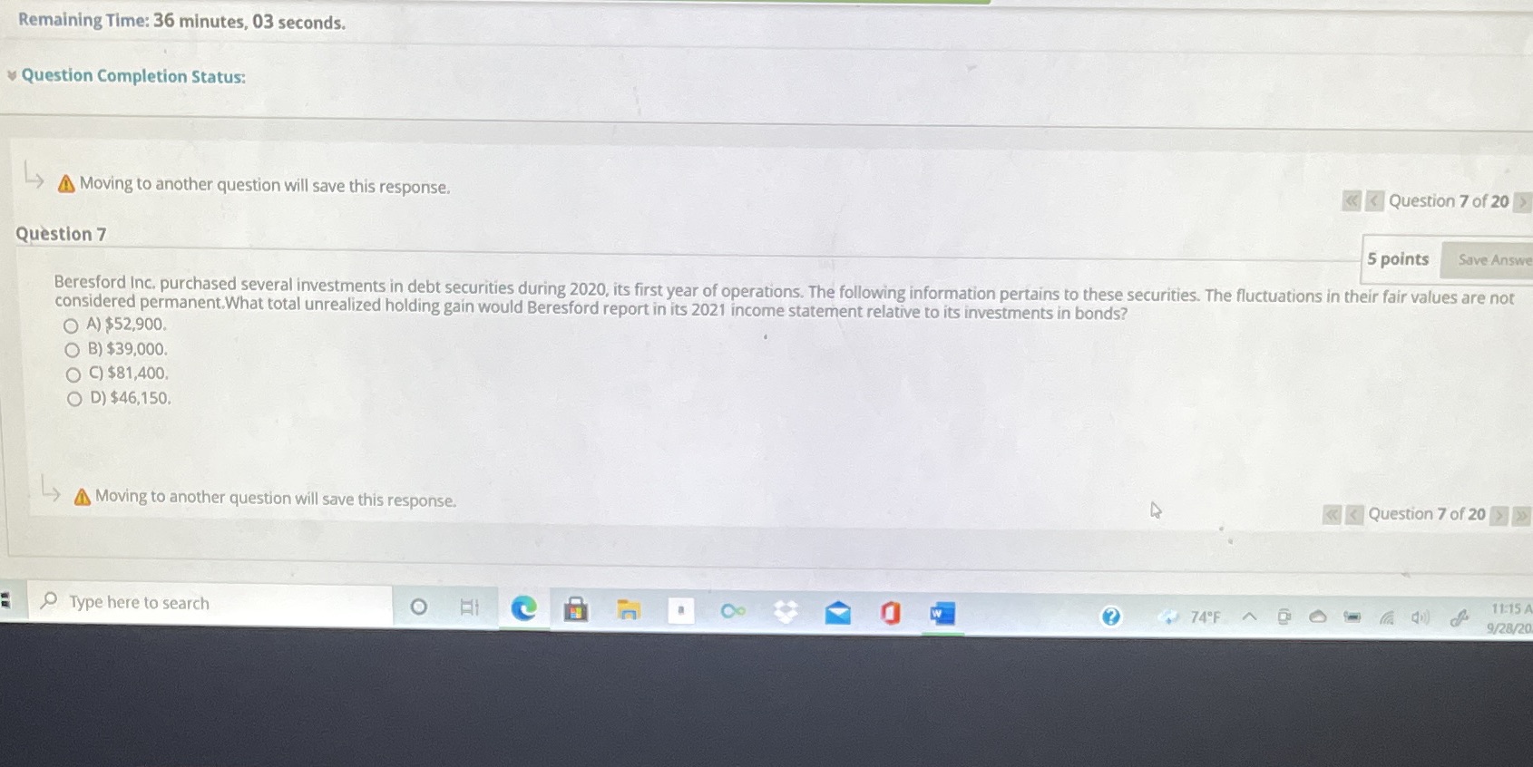 Remaining Time: 36 minutes, 03 seconds. Question