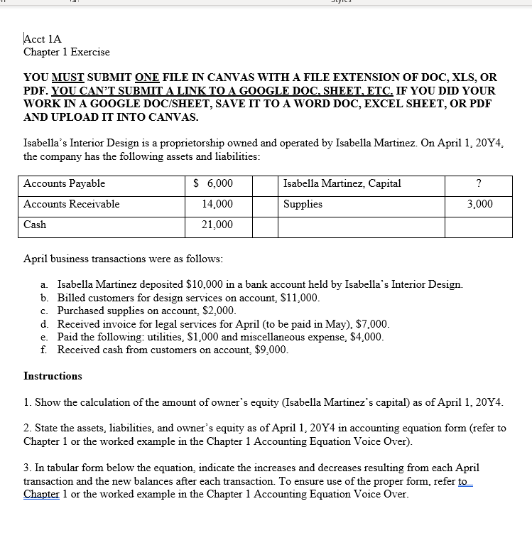 Acct 1A Chapter 1 Exercise YOU MUST SUBMIT ONE