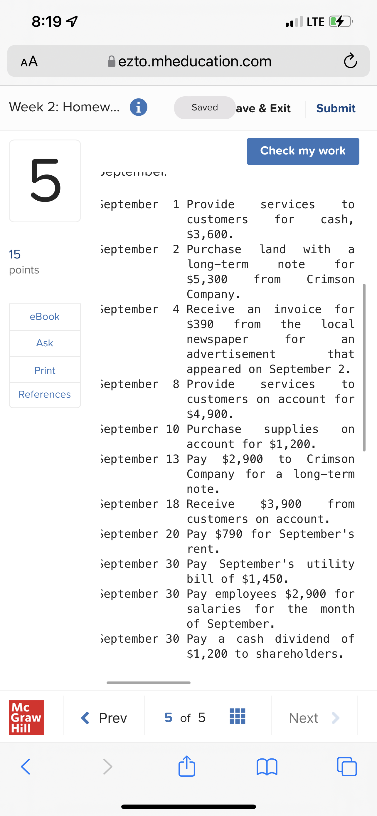 8:19 4 LTE AA ezto.mheducation.com C Week 2: