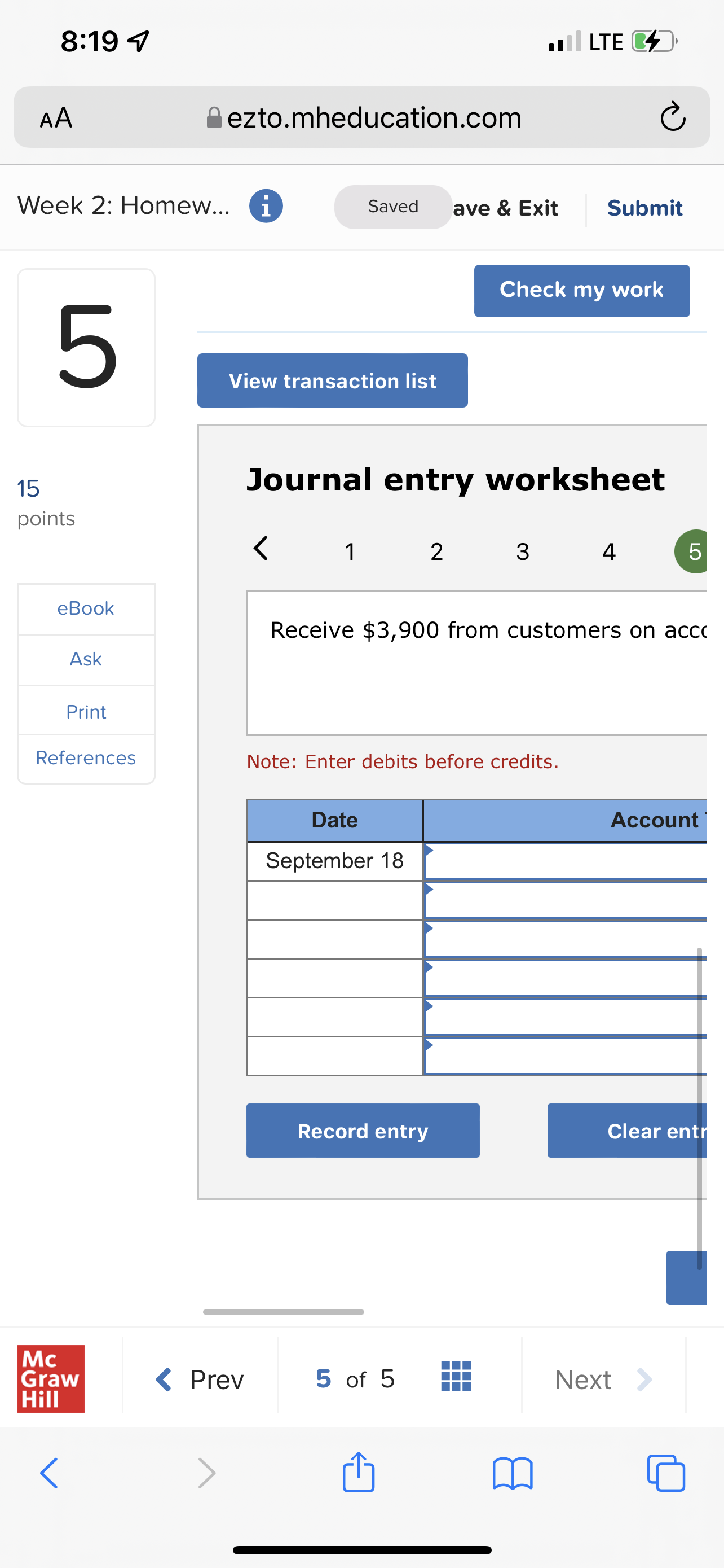8:19 4 LTE AA ezto.mheducation.com C Week 2: