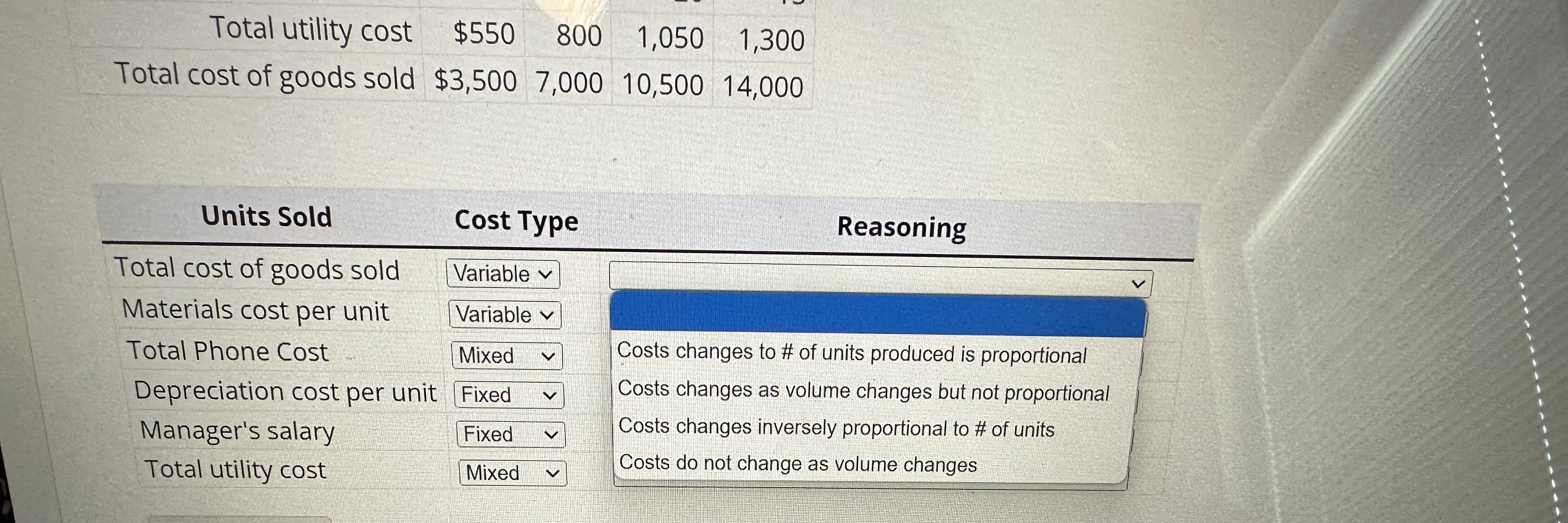 Identify each cost below as variable, fixed, or