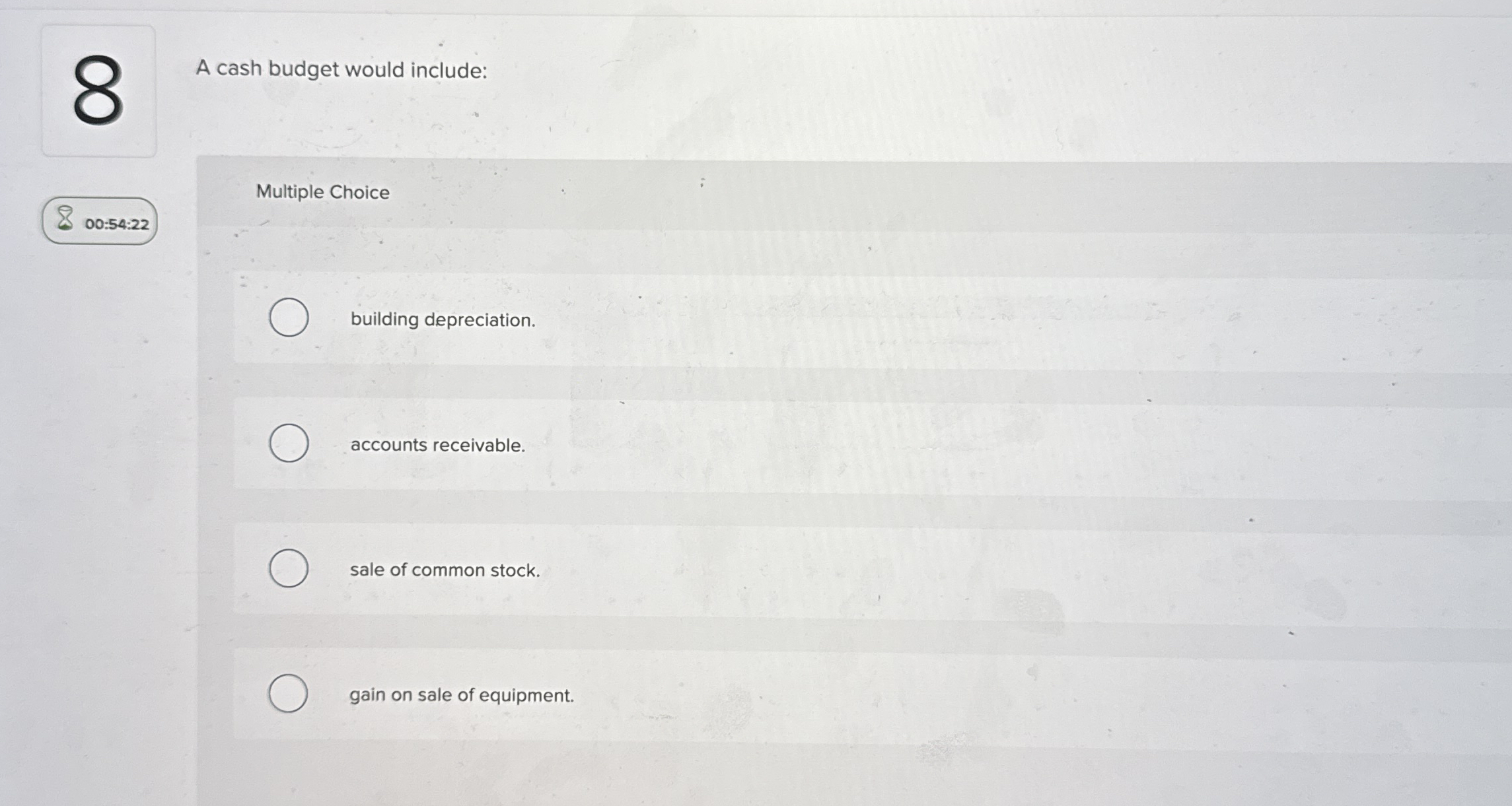 A cash budget would include: 0 0 : 5 4 : 2 2