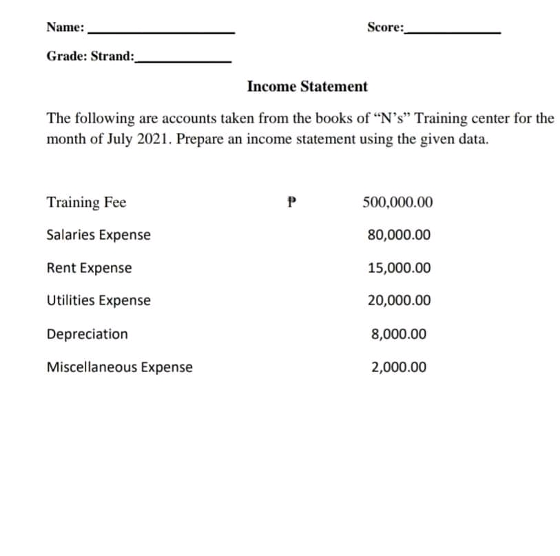 Name: Score: Grade/ Strand: Assignment #2 1 to 5