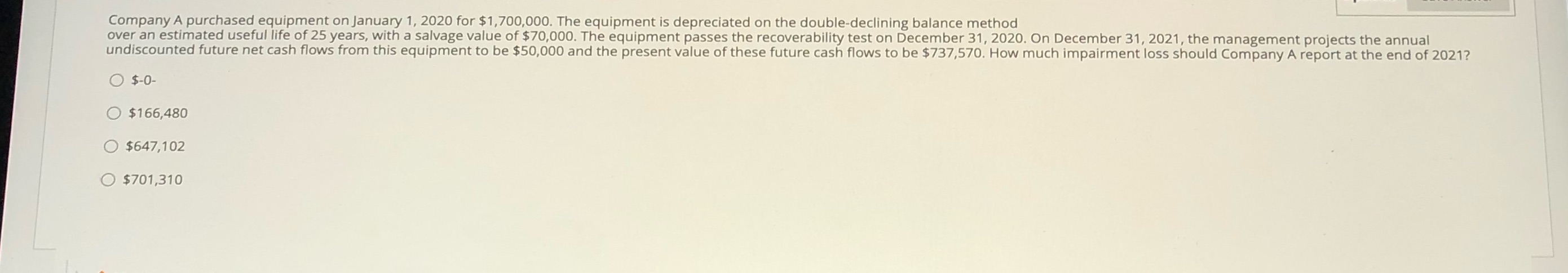 Company A purchased equipment on January 1, 2020