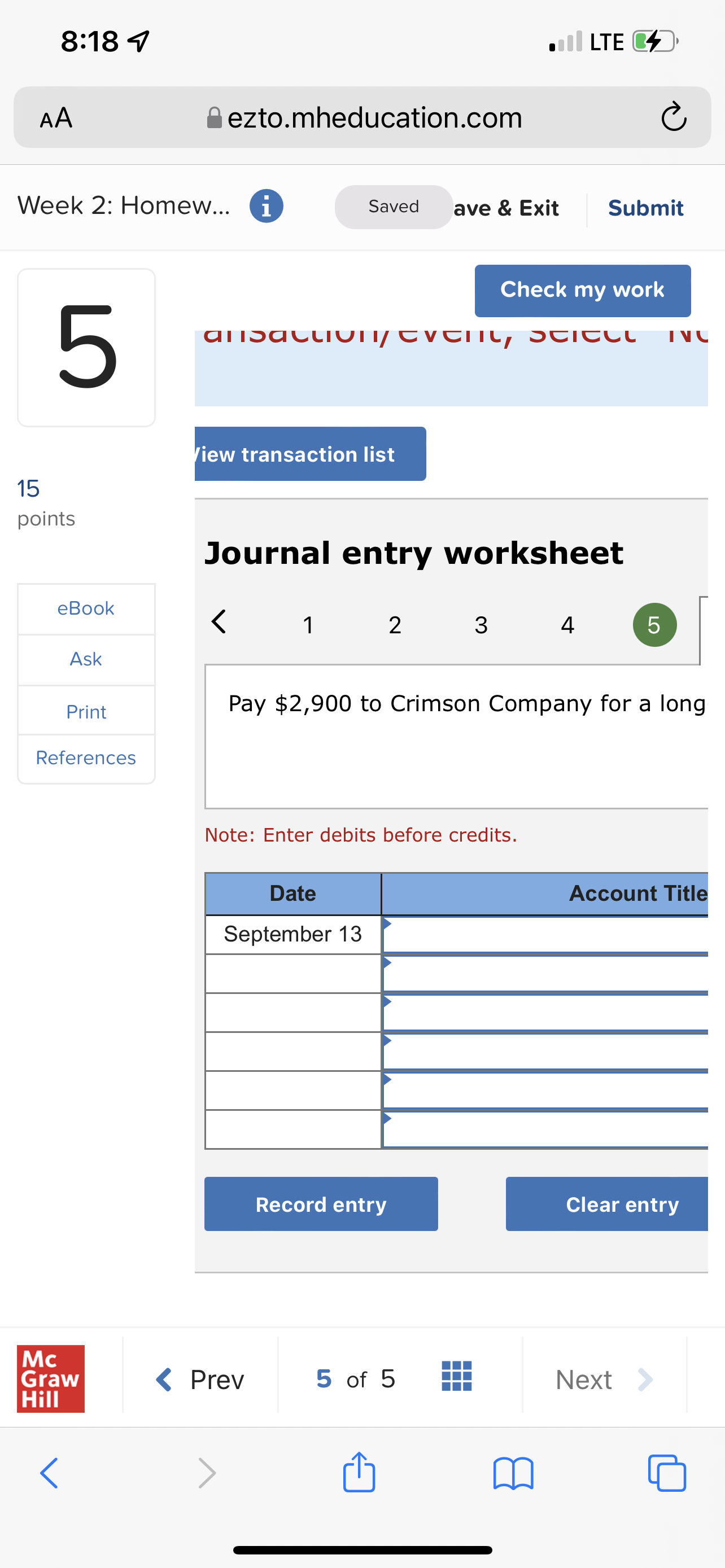 8:18 7 LTE $ AA ezto.mheducation.com C Week 2: