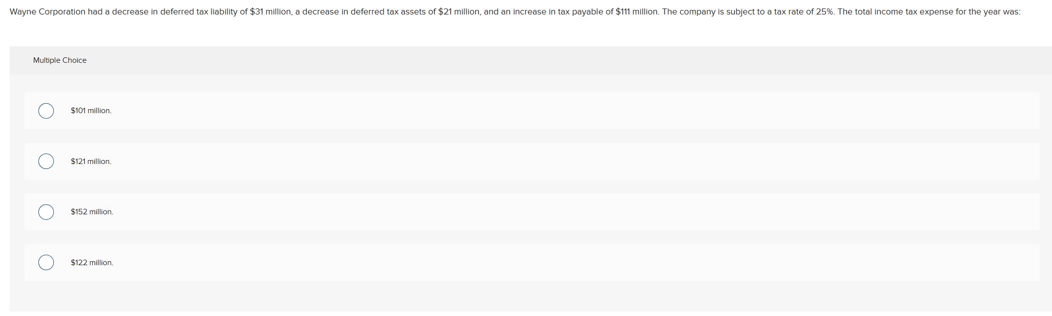 Multiple Choice \ $ 1 0 1 million. \ $ 1 2 1