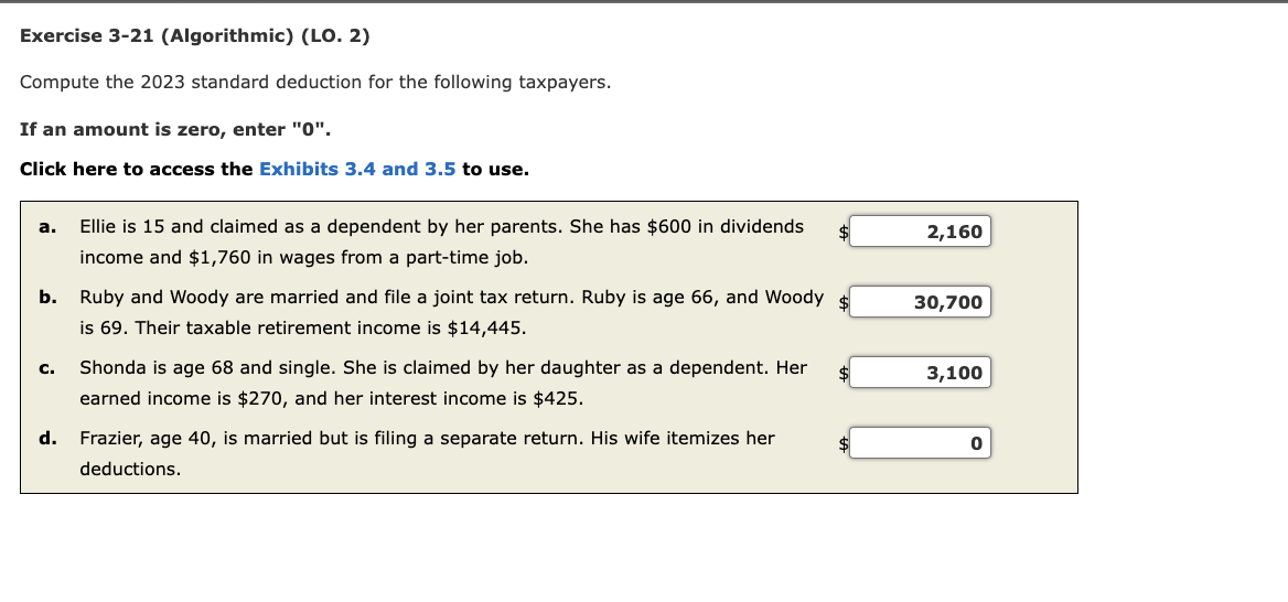 Exercise 3-21 (Algorithmic) (LO. 2) Compute the