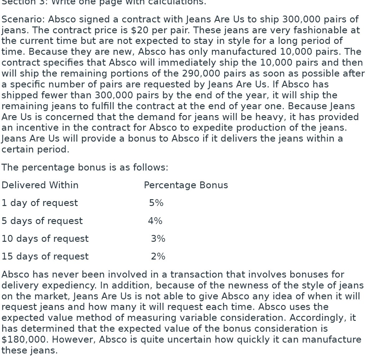 : write one page with calculations. Scenario: