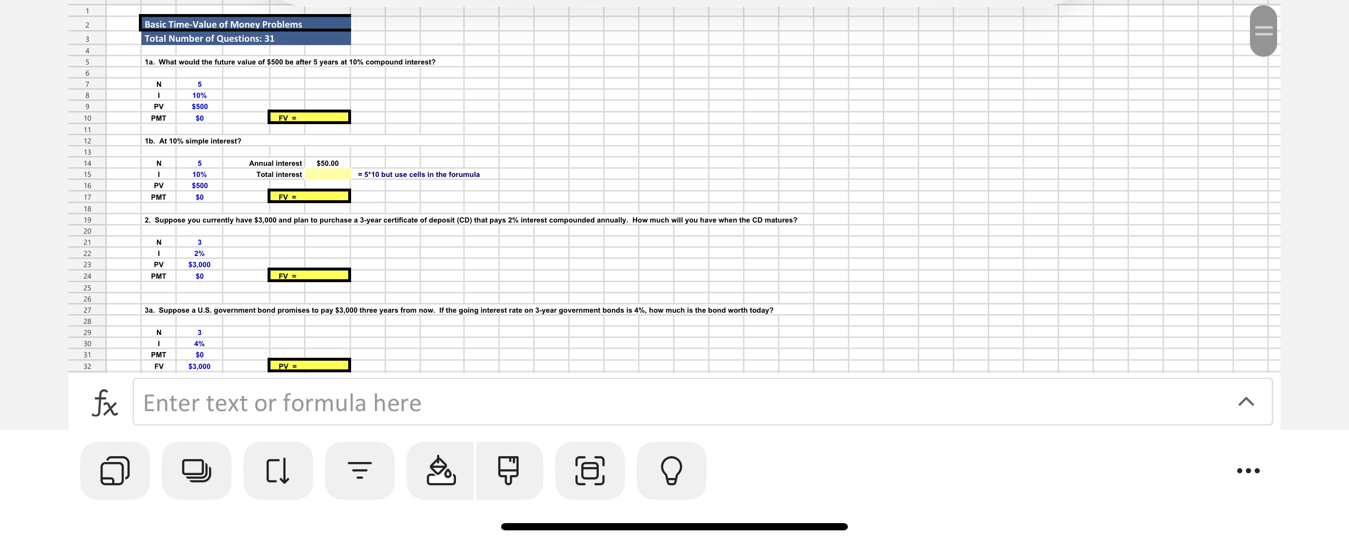 Question 1: The formula number answer for each