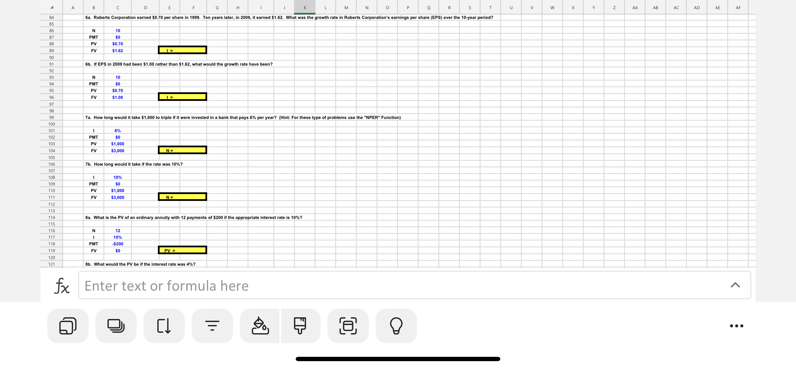 Question 1: The formula number answer for each