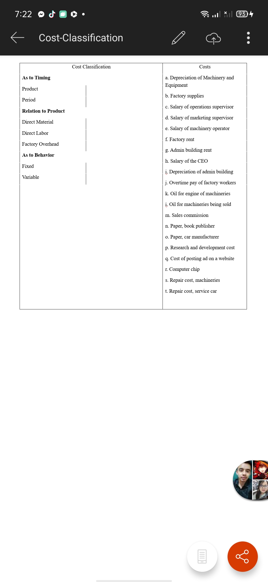 7:22 ~ J . To Ill X1 93 4 Cost-Classification