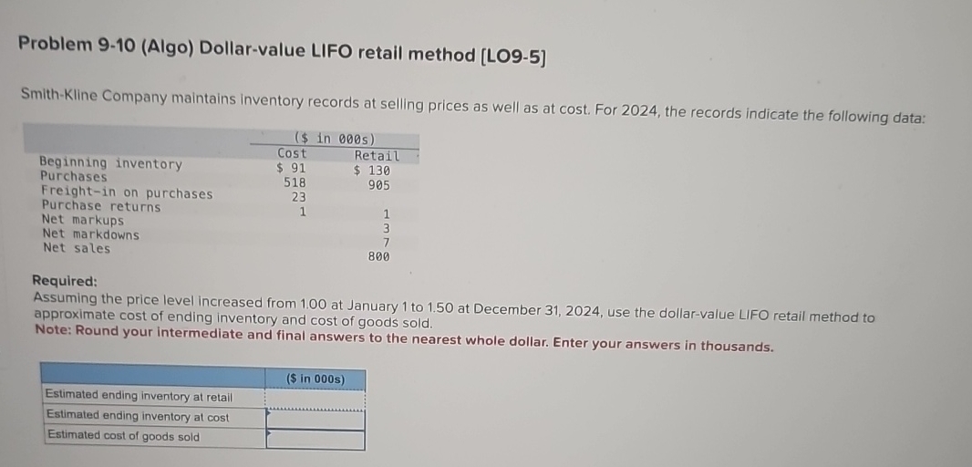 Problem 9 - 1 0 ( Algo ) Dollar - value LIFO