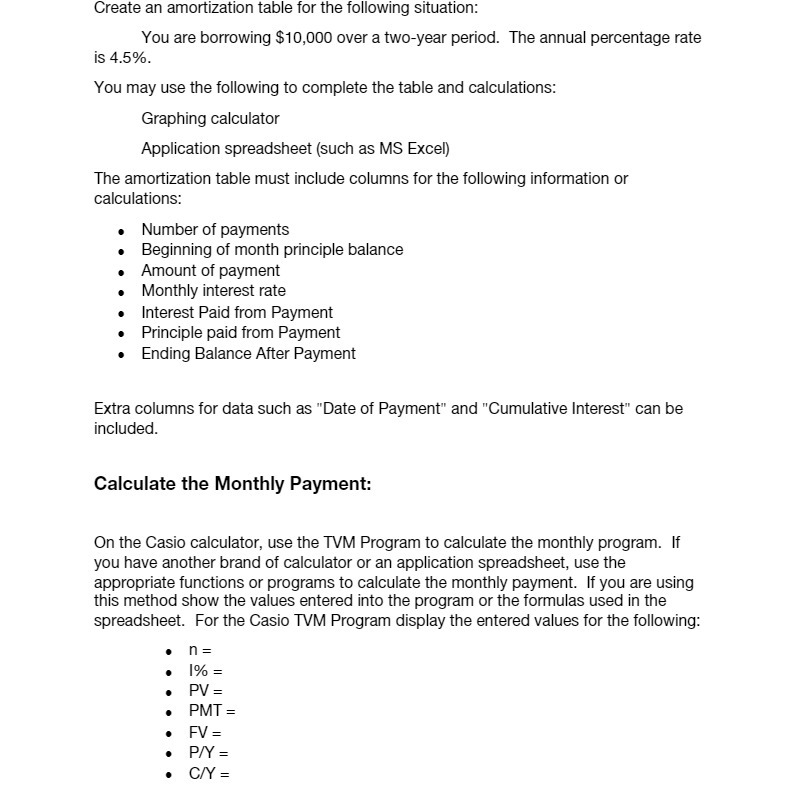 Create an amortization tabie for the following