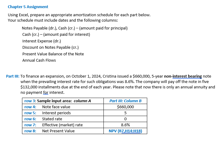Chapter 5 Assignment Using Excel, prepare an