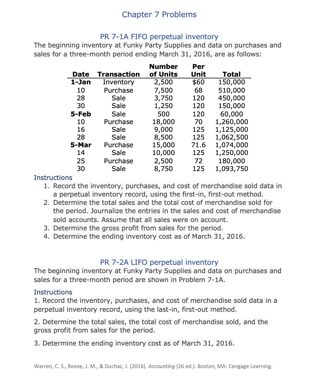 Chapter 7 Problems PR 7-1A FIFO perpetual