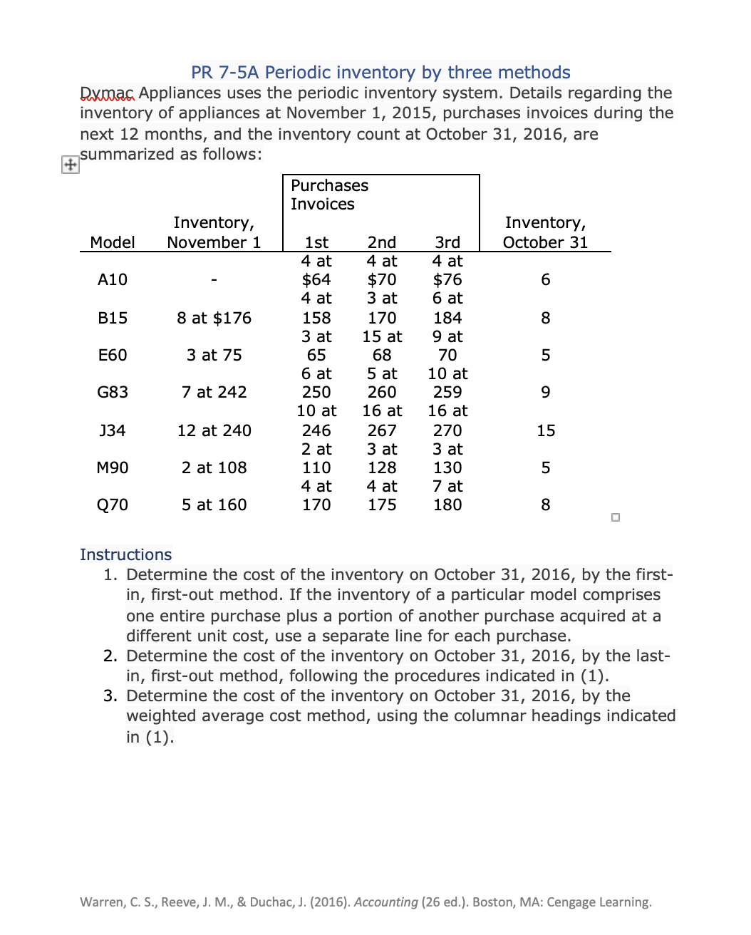 Chapter 7 Problems PR 7-1A FIFO perpetual