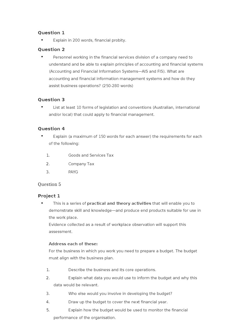 Question 1 ' Explain in 200 wordsr financial