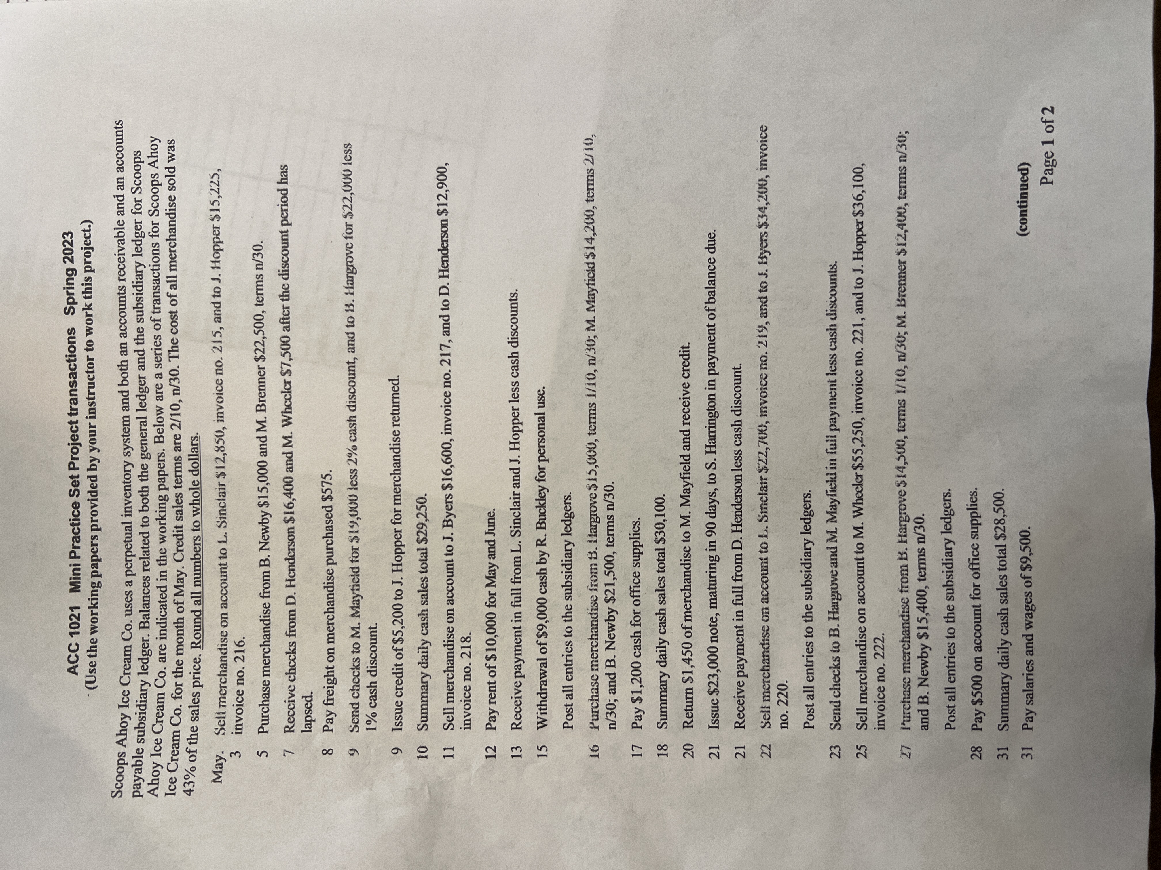 ACC 1021 Mini Practice Set Project transactions