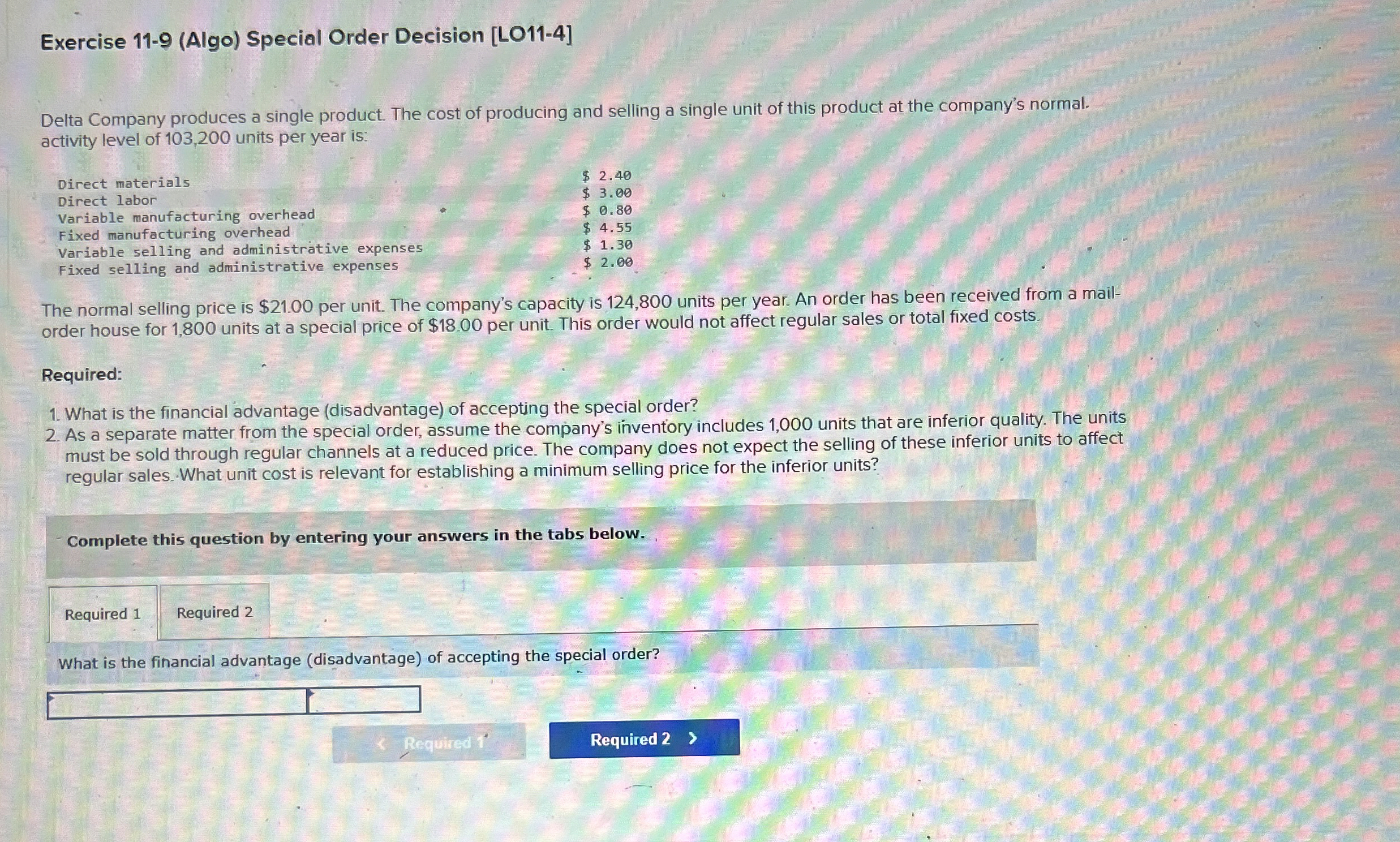 Exercise 1 1 - 9 ( Algo ) Special Order Decision
