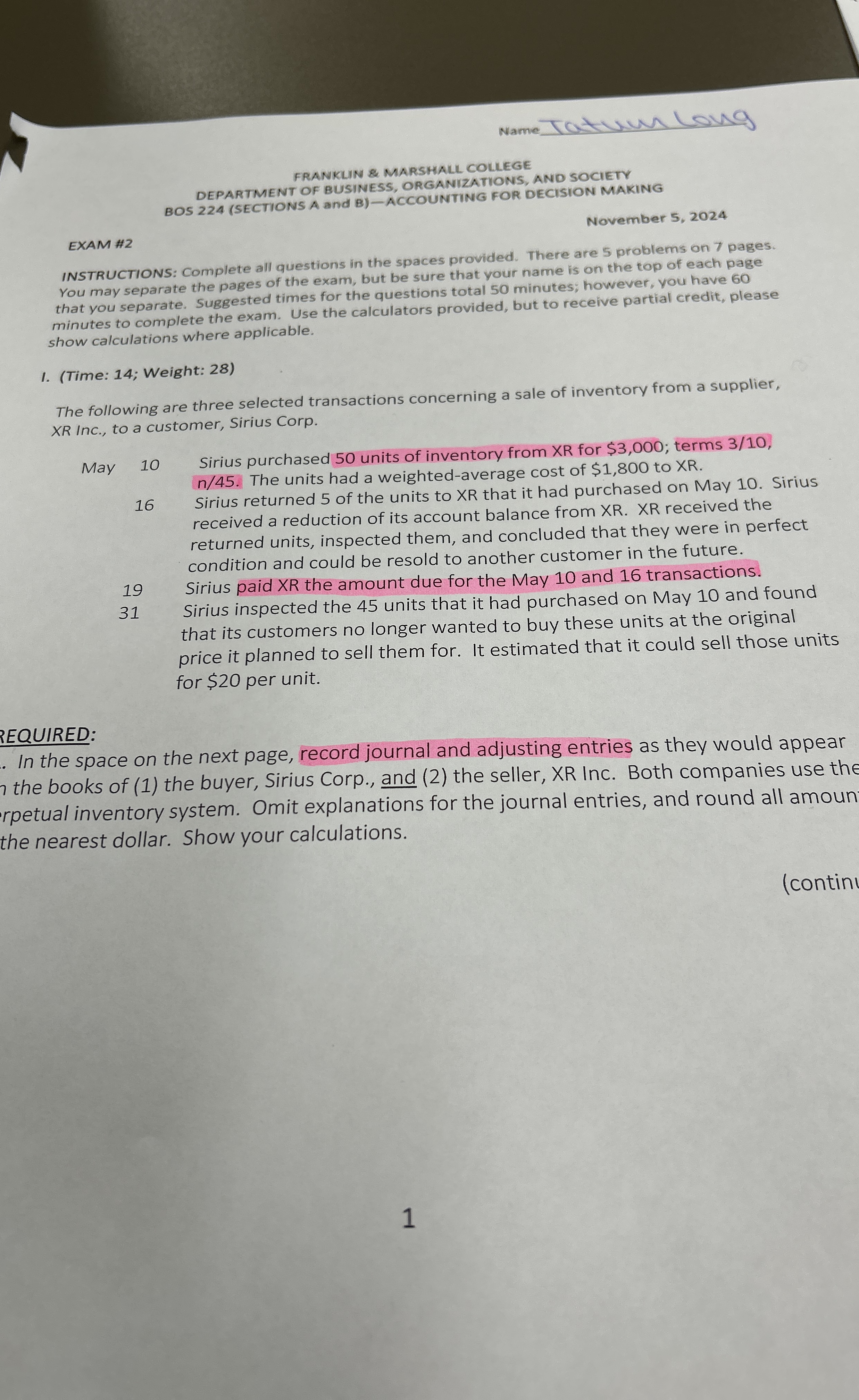 Name FRANKLIN & MARSHALL COLLEGE DEPARTMENT OF