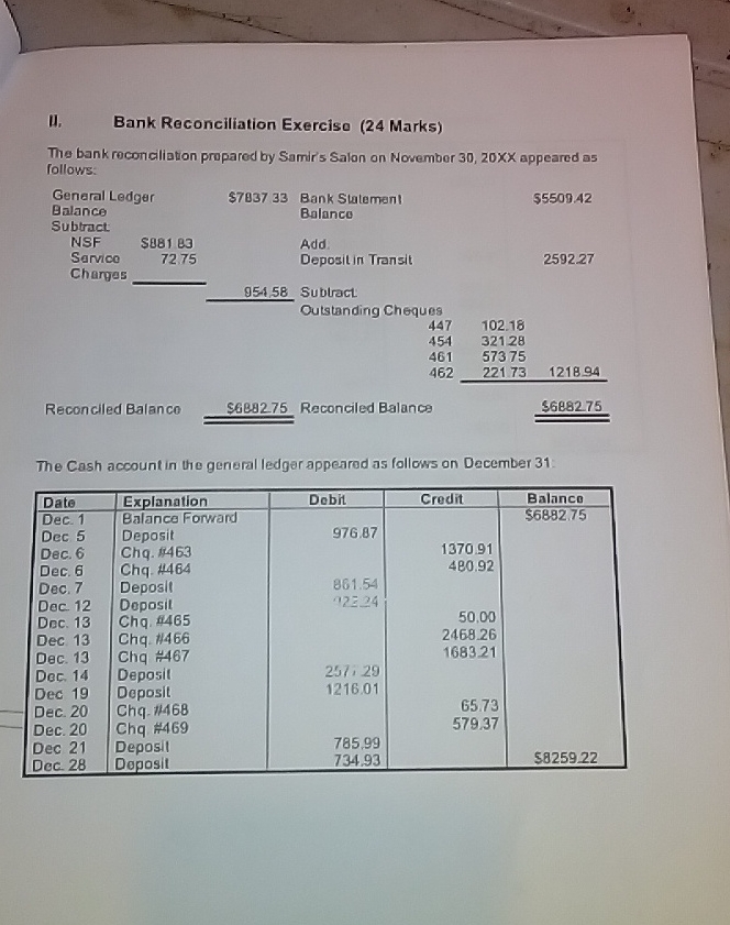 I. Bank Reconciliation Exerciso ( 2 4 Marks ) The