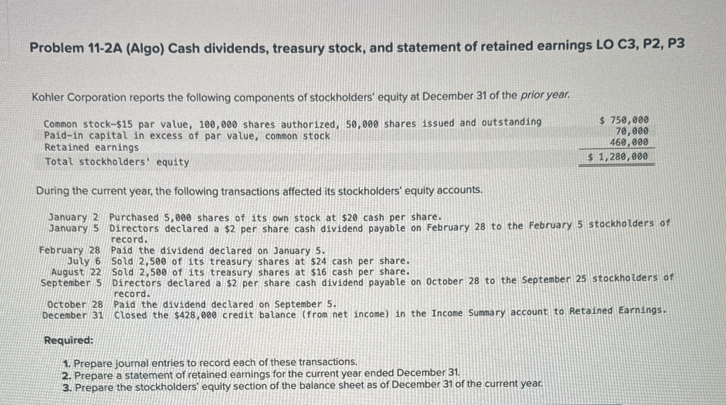 Problem 1 1 - 2 A ( Algo ) Cash dividends,