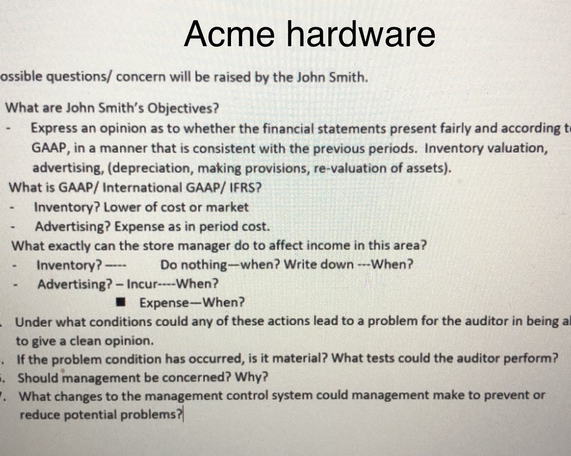Acme hardware ossible questions/ concern will be