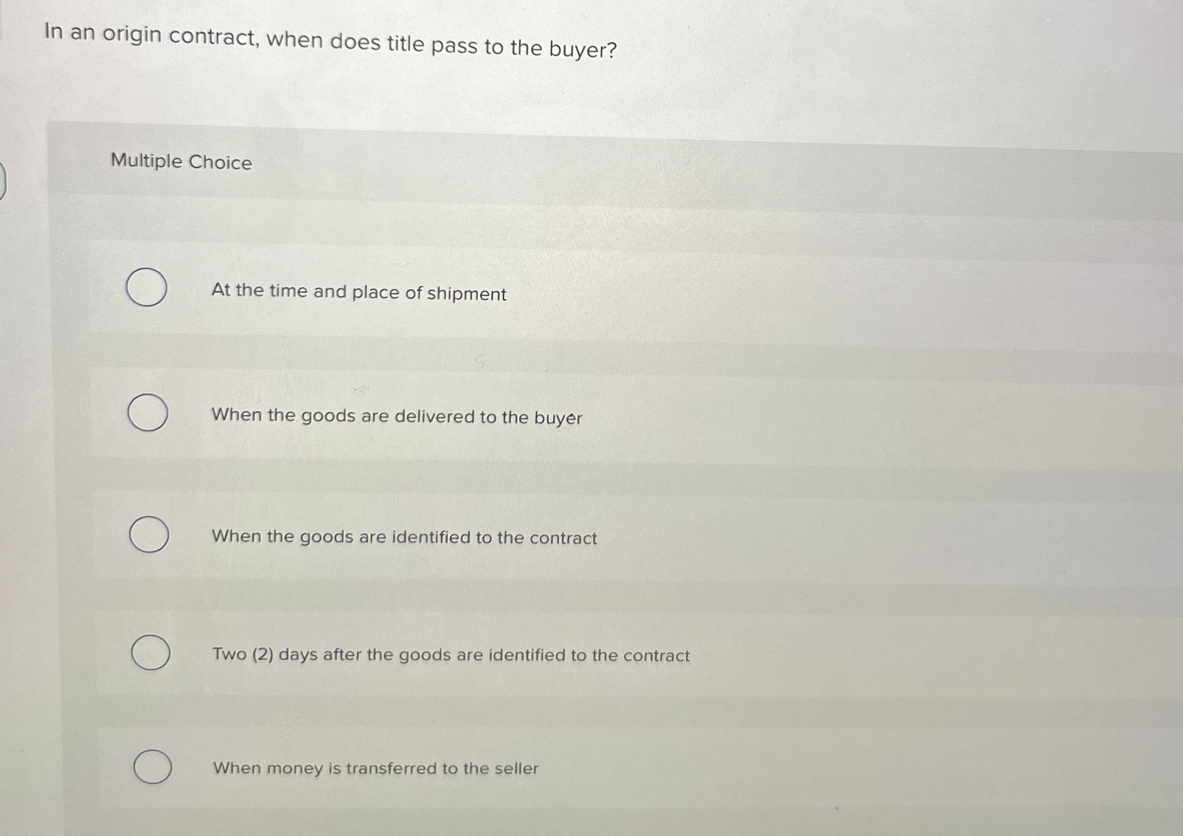 In an origin contract, when does title pass to