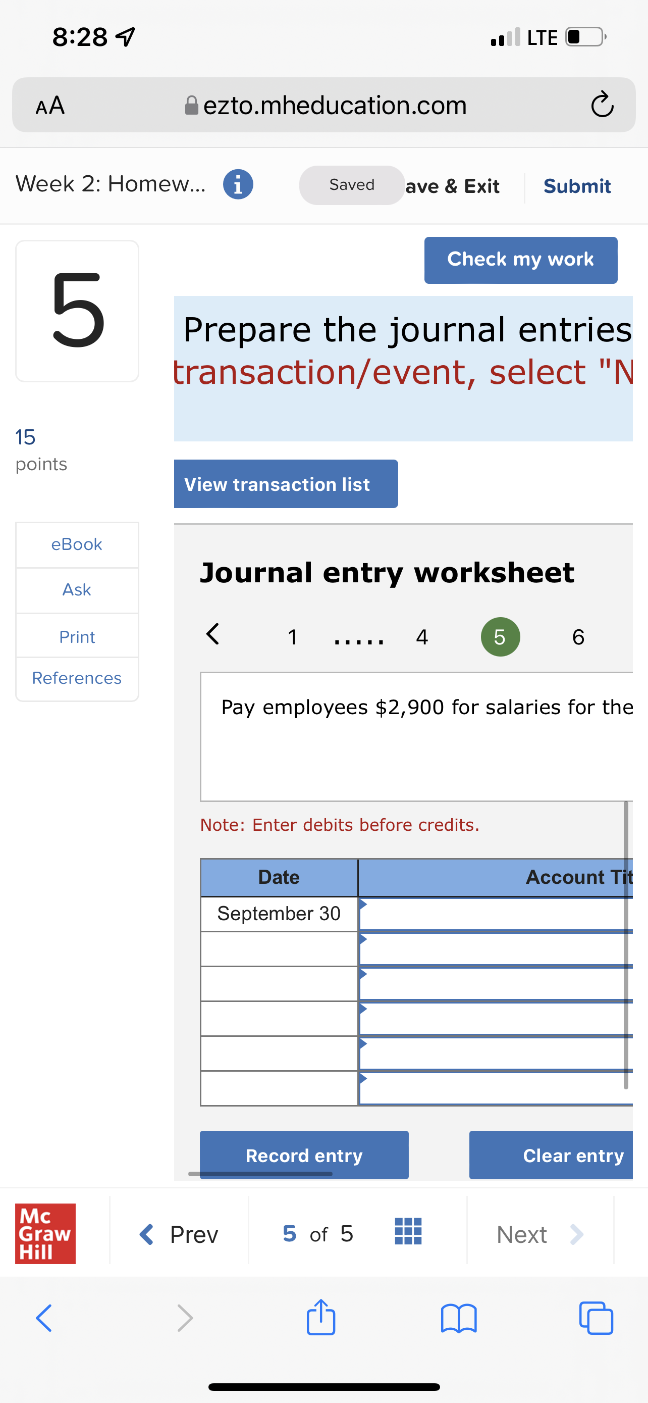 8:28 7 . LTE C AA ezto.mheducation.com C Week 2: