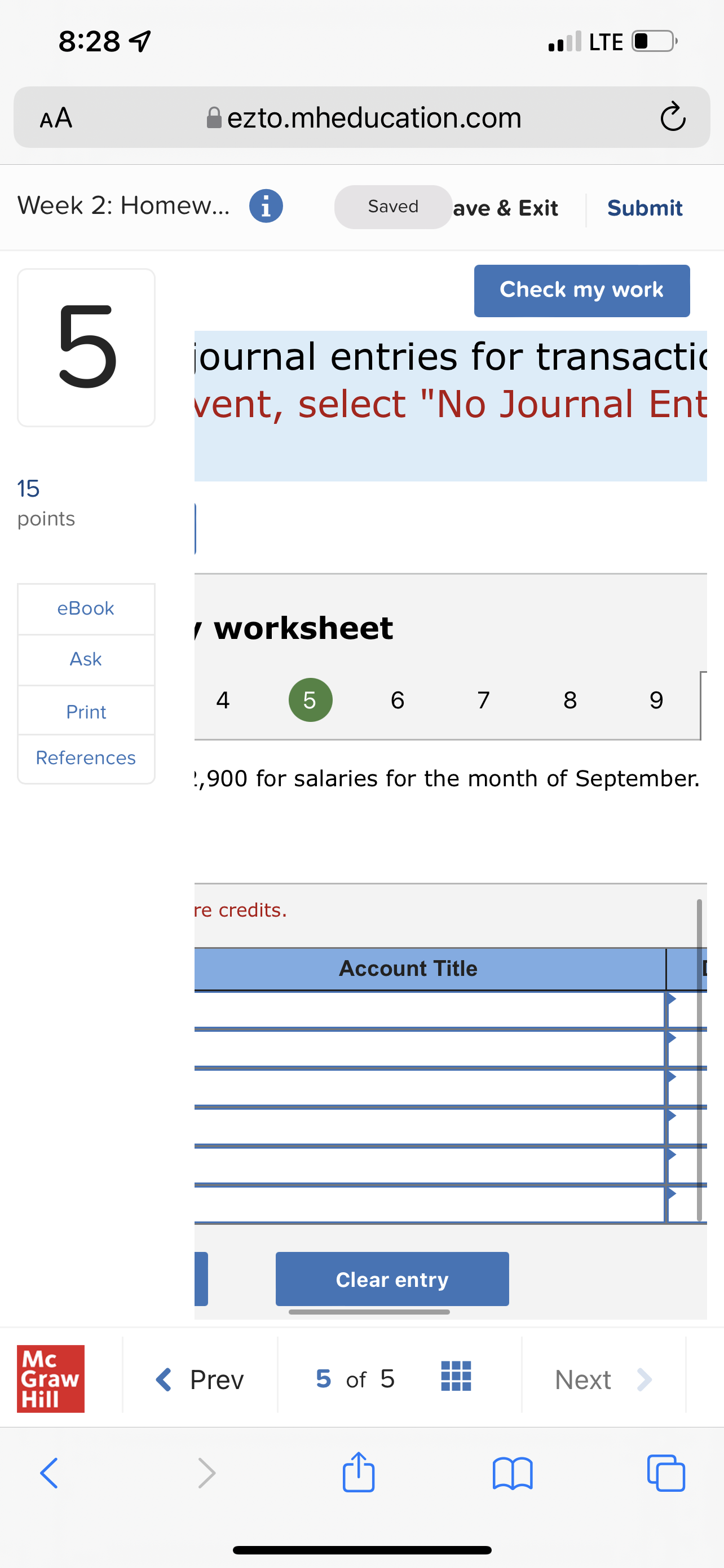 8:28 7 . LTE C AA ezto.mheducation.com C Week 2: