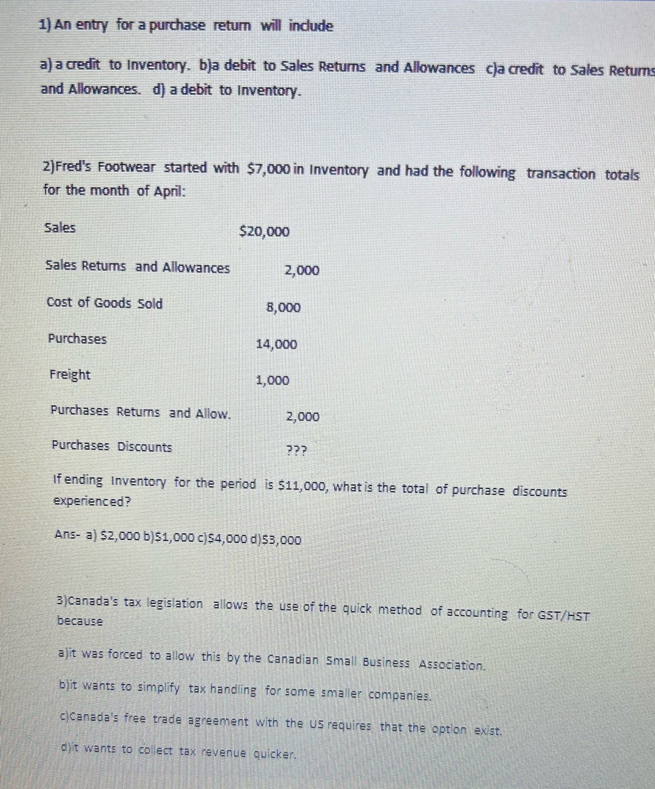 Answer please 1) An entry for a purchase return