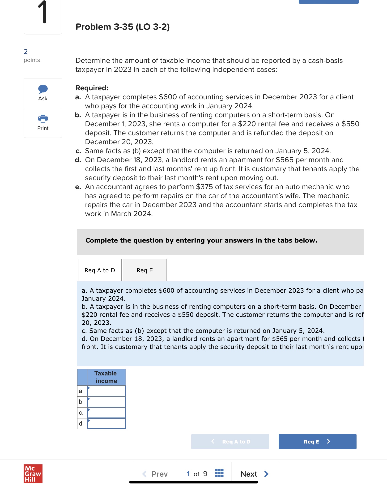 2 points Ask = Print Problem 3-35 (LO 3-2)