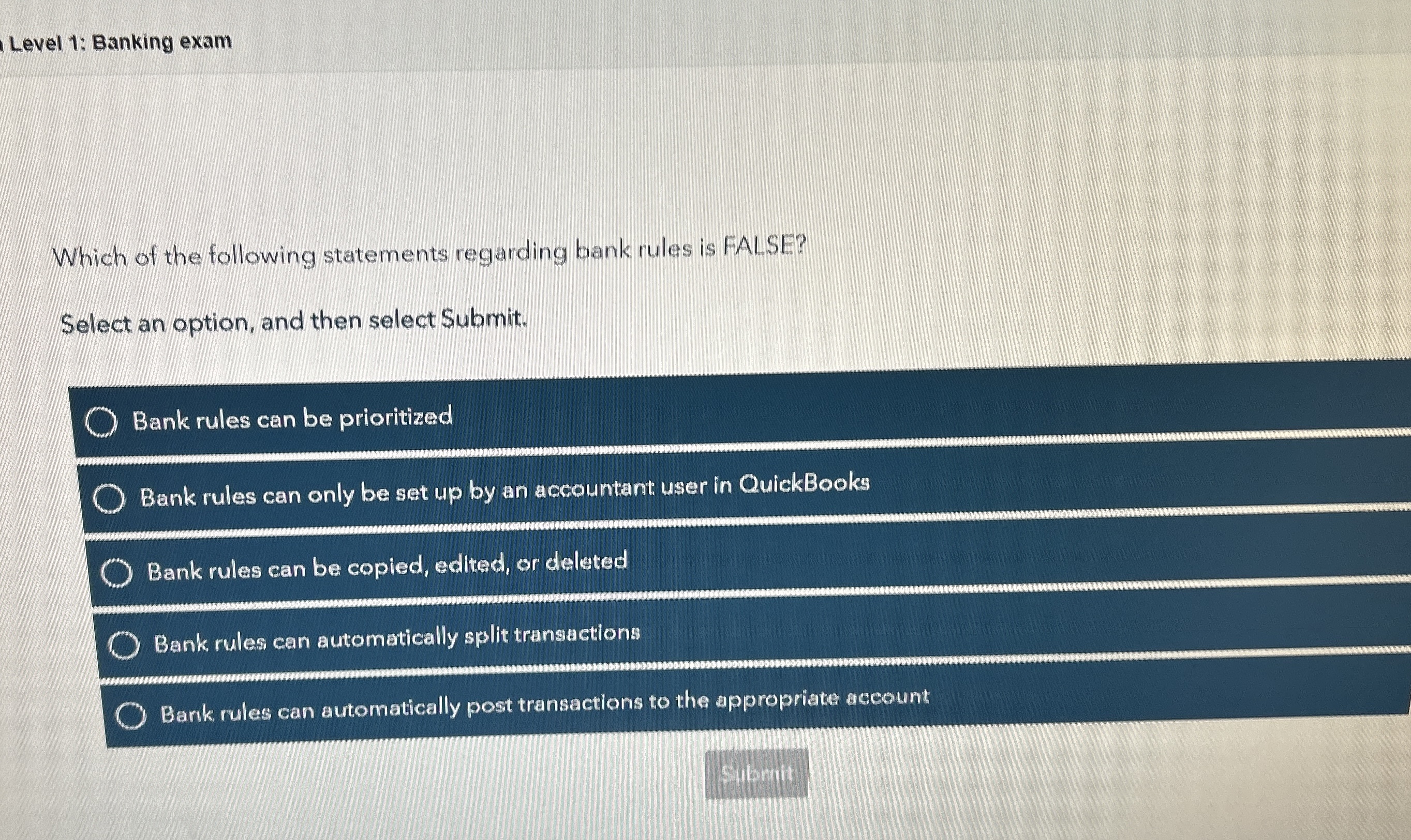 Level 1 : Banking exam Which of the following