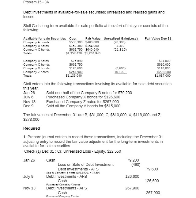 Problem 15 - 3A Debt investments in