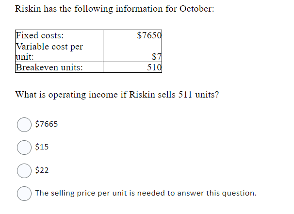 Riskin has the following information for October: