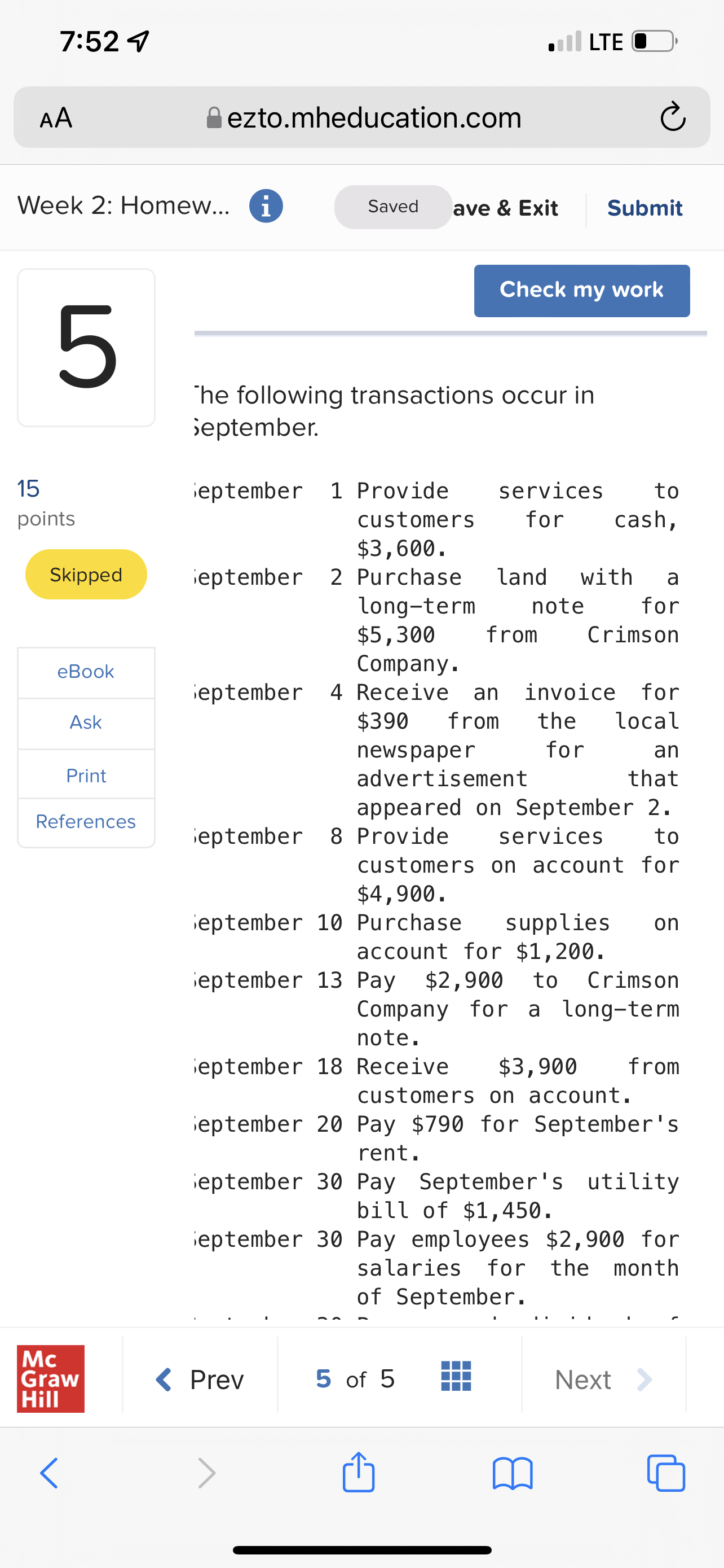 7:52 9 . LTE O AA ezto.mheducation.com C Week 2: