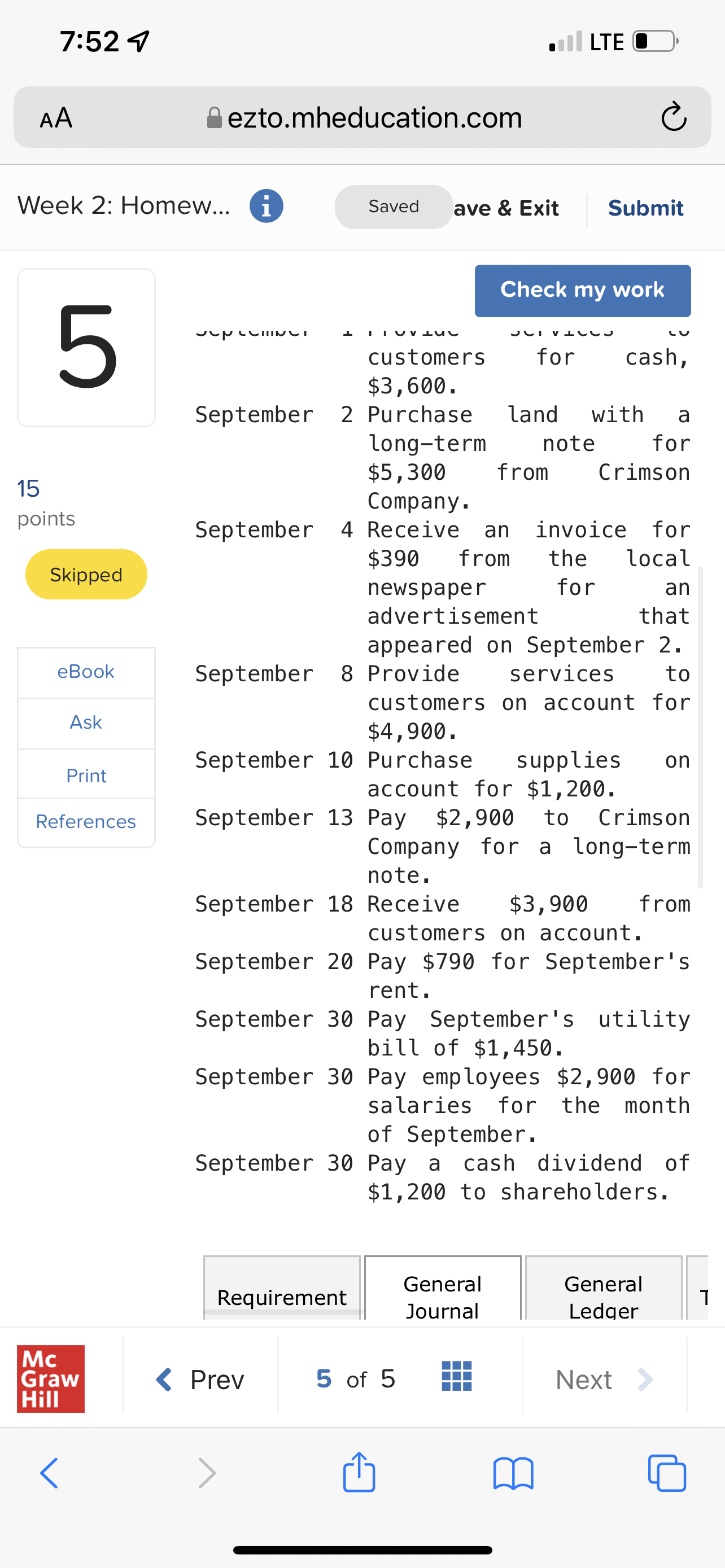 7:52 9 . LTE O AA ezto.mheducation.com C Week 2: